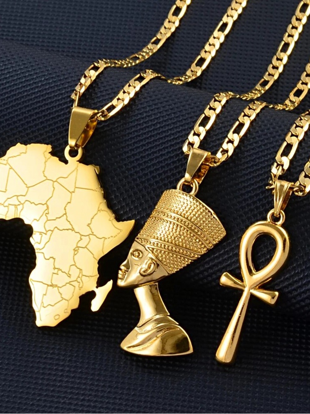 Gold-Tone African Map & Ankh Pendant Necklace Set - 16in,18inch and 24inch